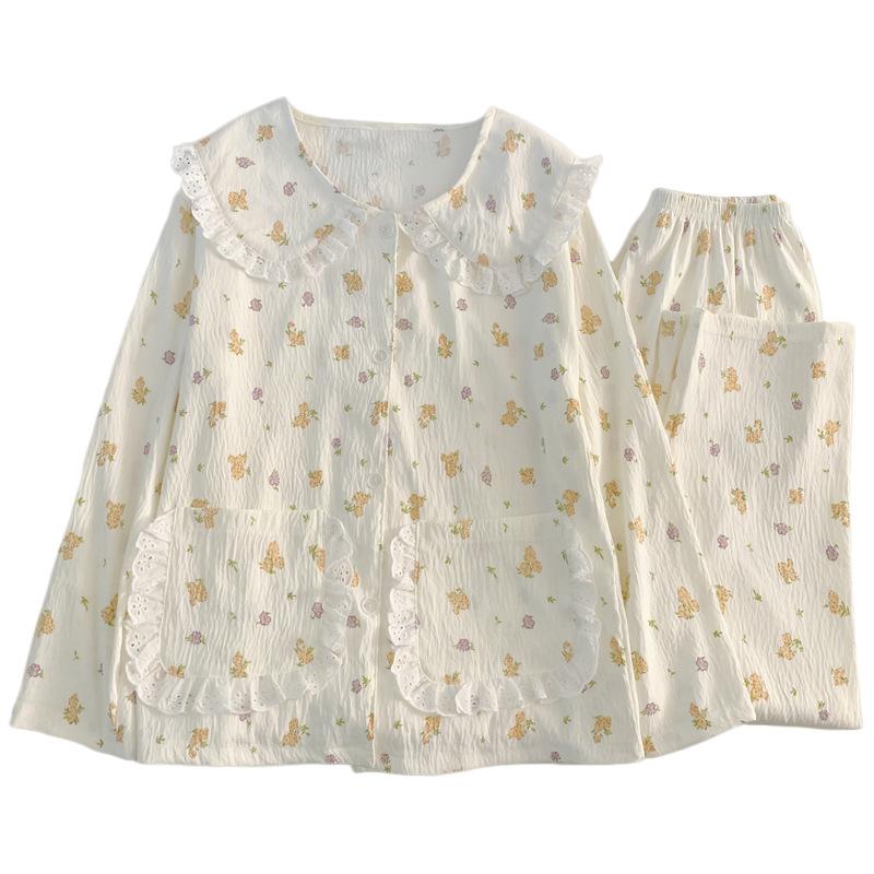 Pastoral Small Floral Pajamas Women'S Spring And Autumn Simple Long-Sleeved Doll Collar Cloud Cotton Loungewear Set