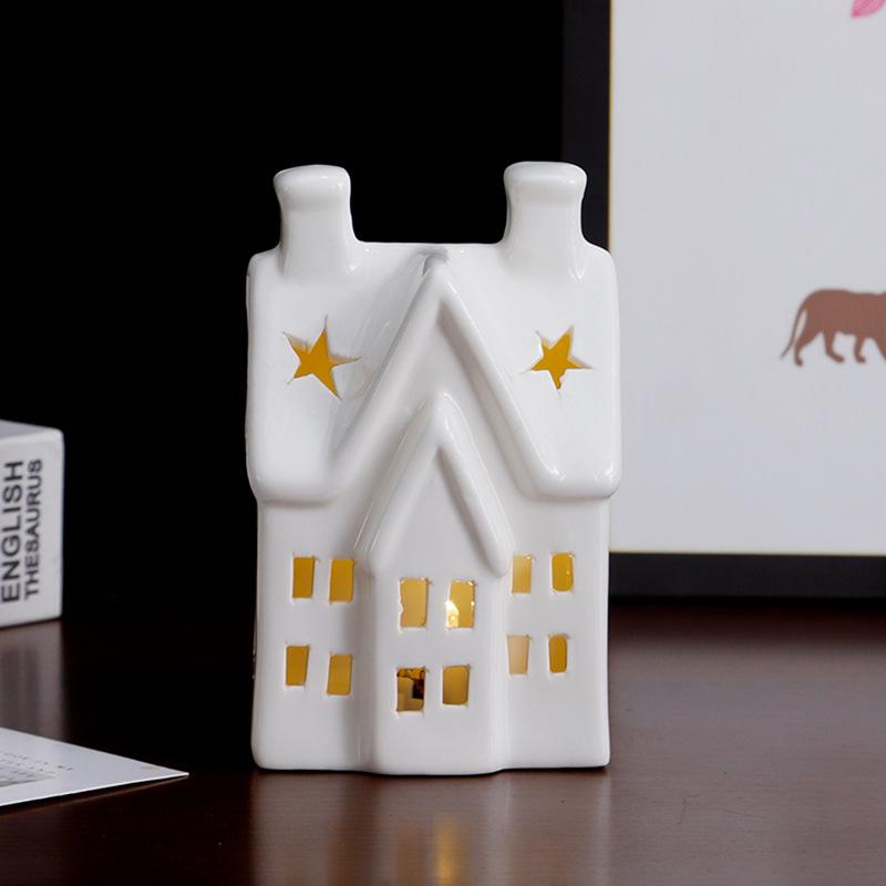 European Ceramic LED Christmas House Ornament: Creative Hollow Candlestick Night Light