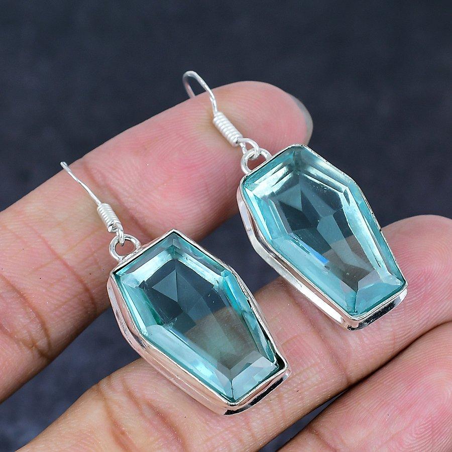 Aqua Apatite Gemstone Handmade 925 Sterling Silver Jewelry Earring 1.85" F2l98