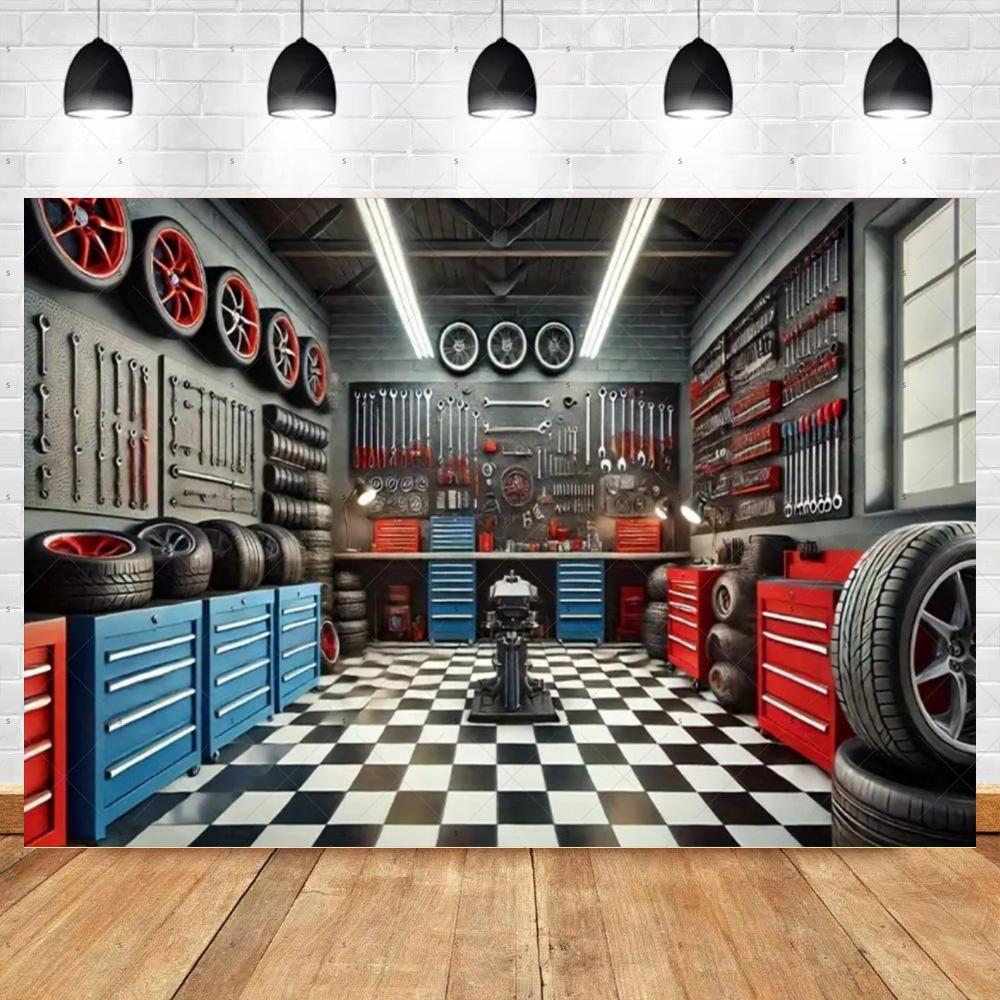 Bannière de Fond de Voiture Chaude Vintage Décoration de Fête Toile de Fond de Garage Classique Fournitures Style Industriel Pneu Outil Accessoire de Photographie