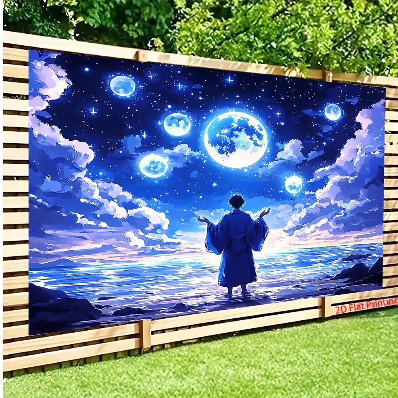 2D Magical Moon Backdrop, Anime Style Night Sky with Glowing Moons, Stars & Ocean Photography Background