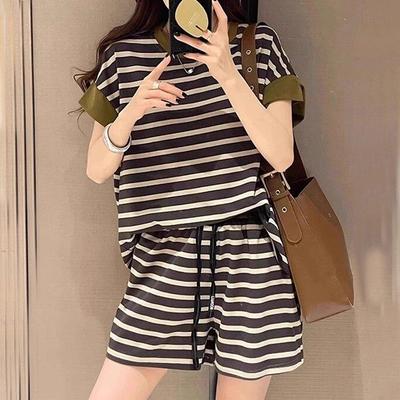 2025 Summer Casual Women Sports Set Stripe Suit Korean Loose Short Sleeve O-neck Tops & Shorts Pant 2 Piece Sets Womens Outfits