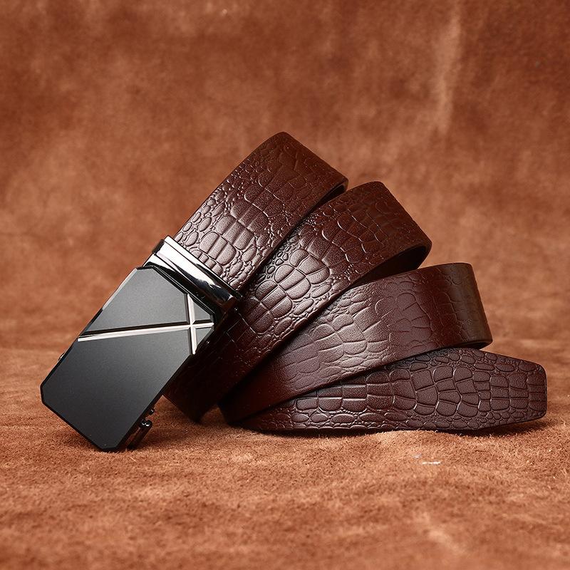 

Мужской ремень деловой повседневный с тиснением под крокодила, натуральная кожа крупного рогатого скота, комфортный ремень с застежкой-молнией 125cm