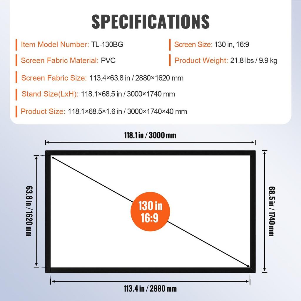 130Inch Projection Screen 16:9 4K HDTV Movie Screen Fixed Frame 3D Projector Screen for 4K HDTV Movie Theater Outdoor Use(130inch)