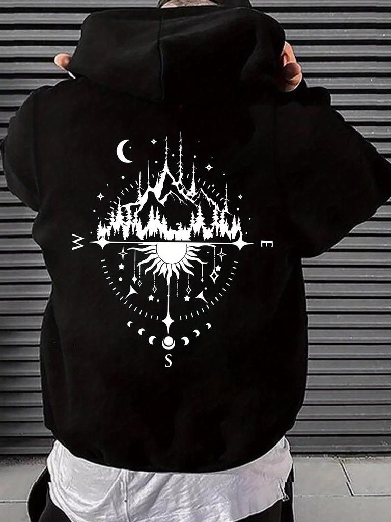 Street camping wind forest star theme printed hoodie mountain view moon phase oversize couple sweater