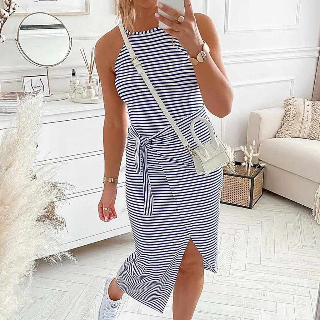 Women's Casual Sleeveless Striped Vest Medium Long Neck Draped Tight Dress