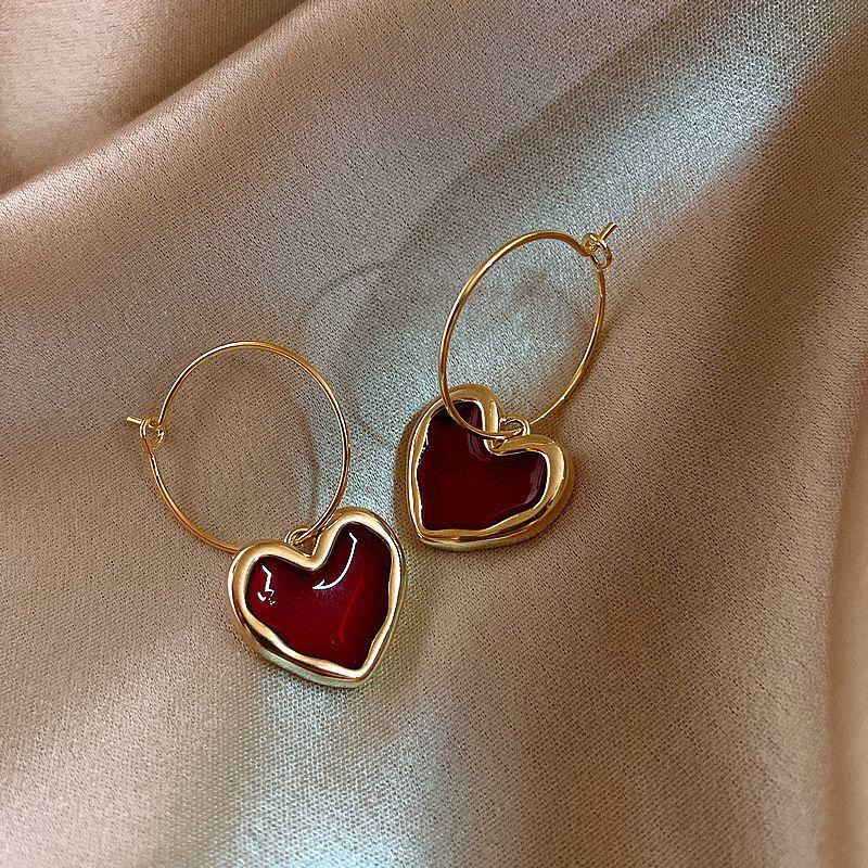 Trendy Wine Red Heart Dangle Earrings for Women - Korean Simple Style New Year Jewelry