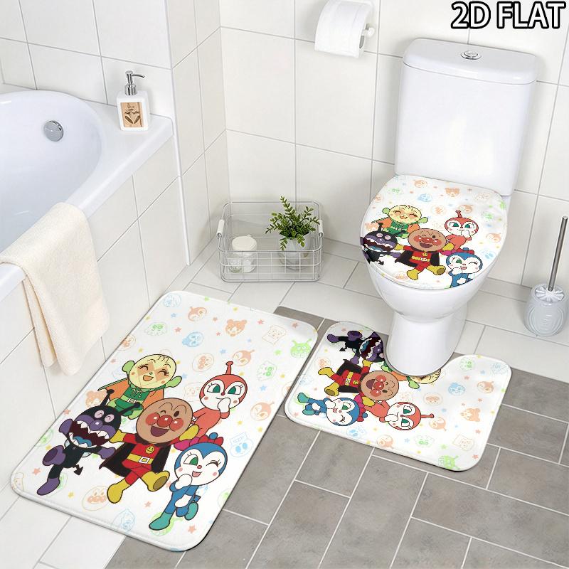 3pcs Anpanman Pattern Flannel Nonslip Absorbent Washable Decorative Bathroom Home Toilet Seat Cover Mat