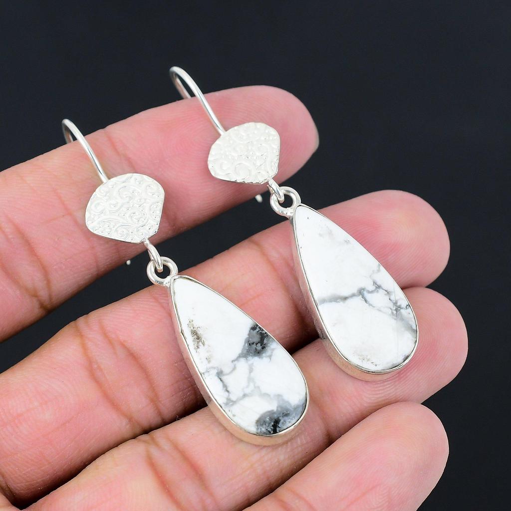 Birthday Gift For Her Natural Howlite Gemstone Drop/Dangle Earrings 925 Silver