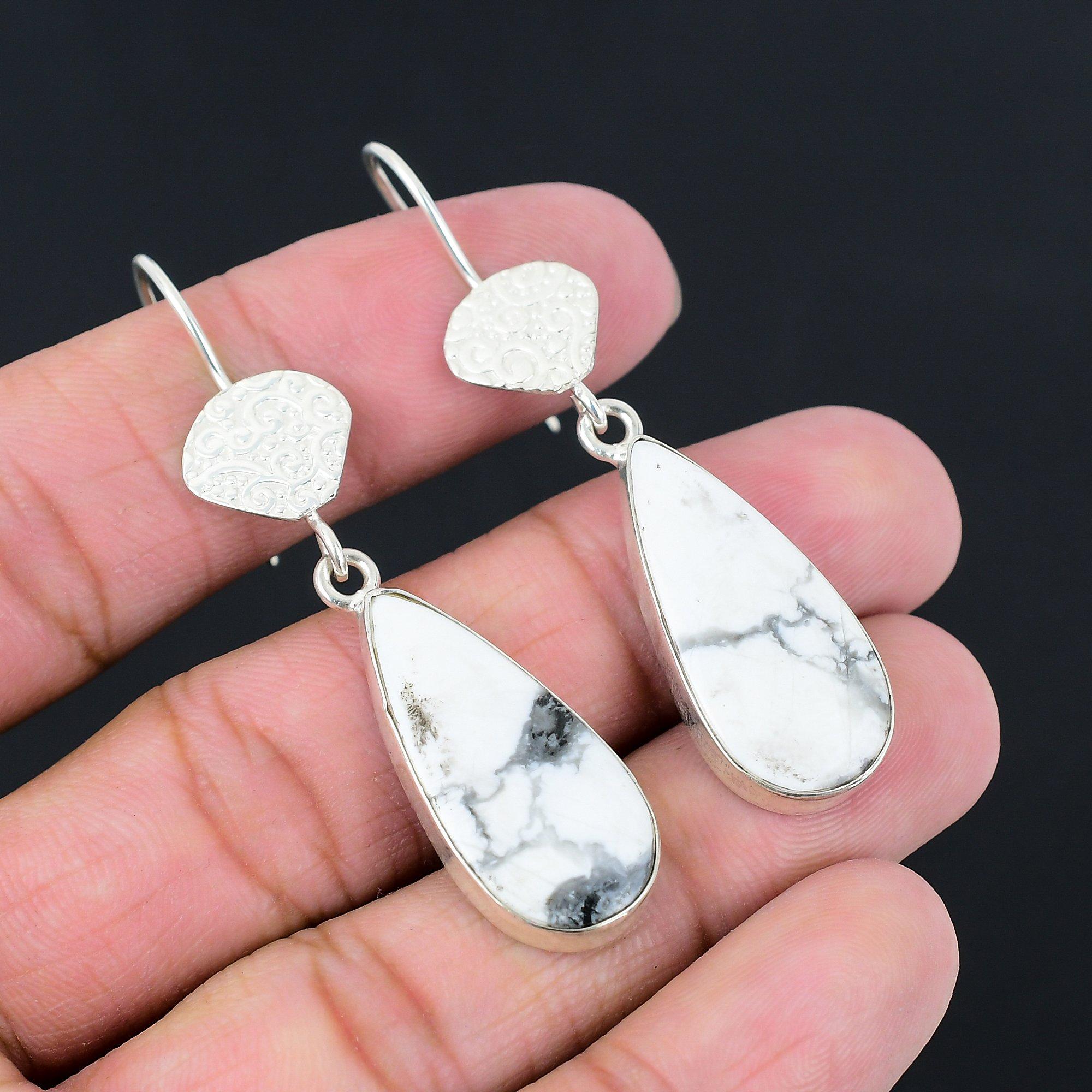 

Birthday Gift For Her Natural Howlite Gemstone Drop/Dangle Earrings 925 Silver