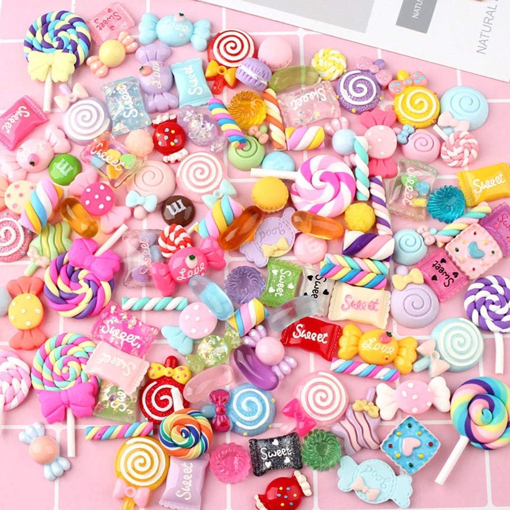 Slime Charms Cute Set, Messar 100pcs Charms for Slime Assorted Fruits Candy Sweets Animals Flatback Resin Scrapbook Cabochons for DIY Craft Making,