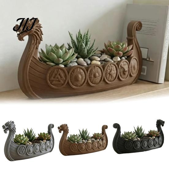 Resin Decorative Plant Pot Viking Longship Planter Pot, Dragon Boat Indoor Holder for Cacti Creative Air Plants, Rustic Nordic Ship Container