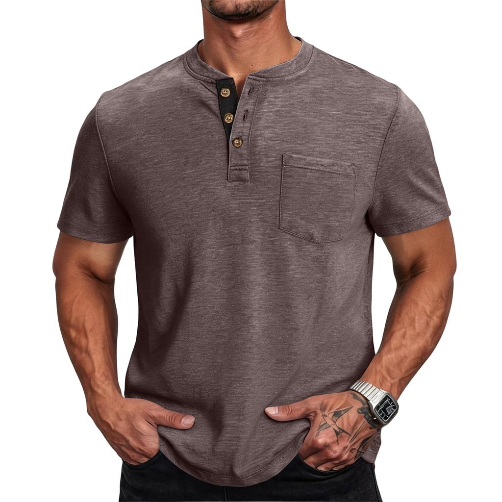 Men Henley Neck Short Sleeve T Shirt Casual Basic Button Front Athletic Fit Pullover Top with Chest Pocket for Everyday Wear