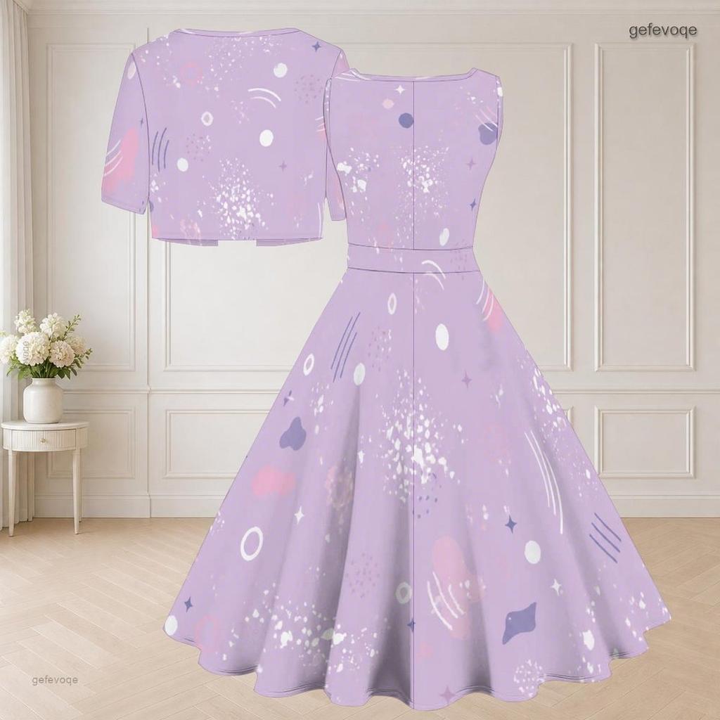 Women Plus Size Two Piece Outfit Halloween Print Sleeveless Square Neck Tie Waist Flared Dress Short Sleeve Cropped Shrug