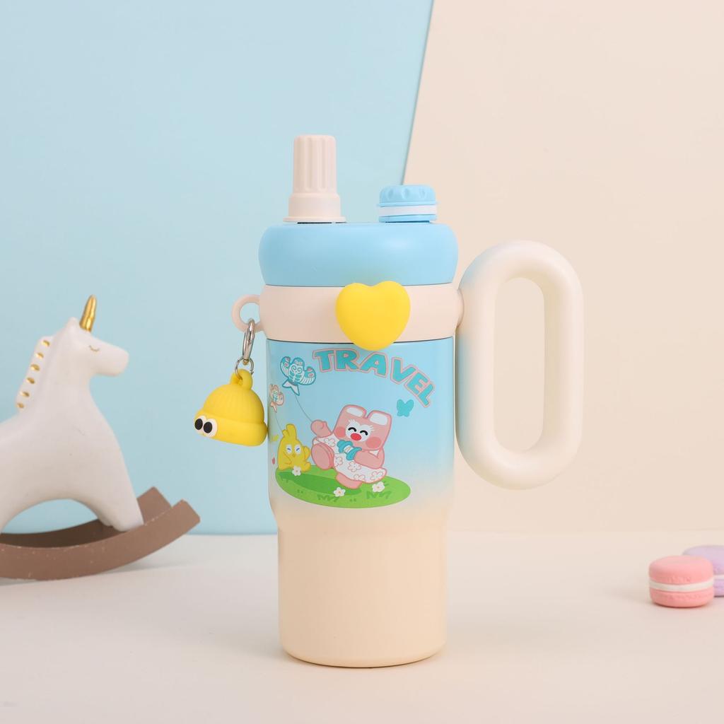 High value cartoon cute fun straw cup double layer 316 stainless steel thermal insulation water cup household handle coffee cup