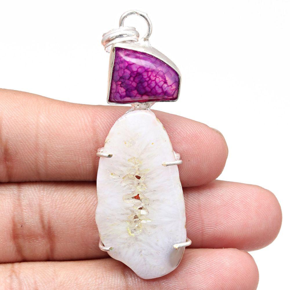 Pendant White SSolar Quartz Gemstone Handmade Silver Jewelry 2.5"