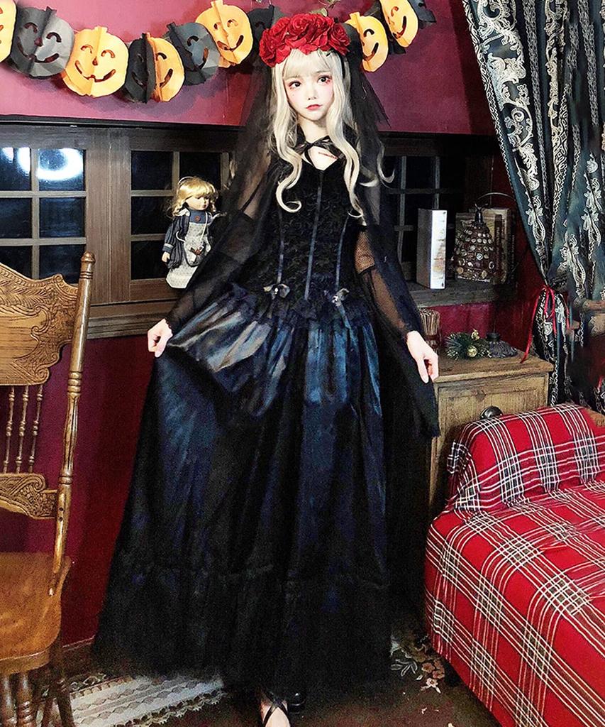 Milky Time Halloween Cosplay Zombie Vampire Ghost Costume with Rose Bride, Cute and Sexy Zombie Bride Long Black Hair (M)