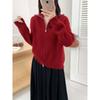 Premium lapel solid color knitted cardigan for women's autumn and winter new casual double zipper sweater jacket for women