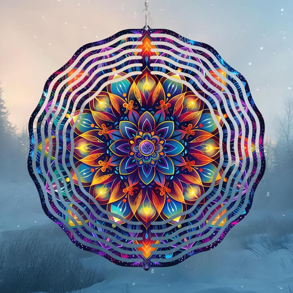 10palcový barevný mandala větrník – 3D laserem řezaná kovová umělecká dekorace, 360° otočný háček pro vnitřní/venkovní použití – Živý geometrický zahradní větrník