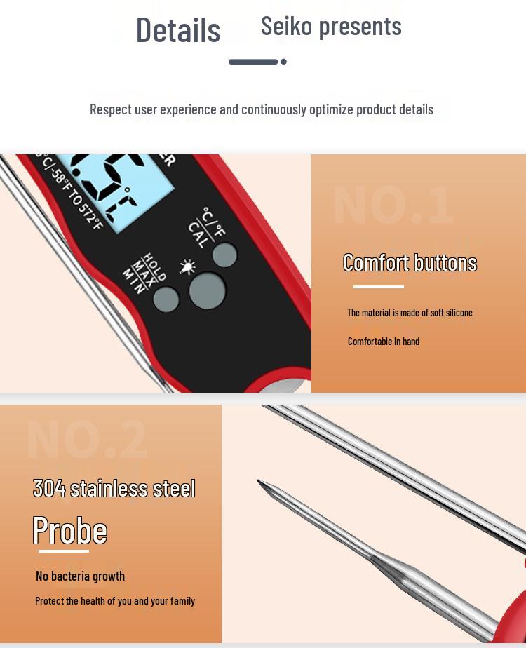 Hochpräzises digitales Fleischthermometer mit Temperatur- und Feuchtigkeitssensor, klappbare Sonde, hitzebeständig für Küche & Haushalt
