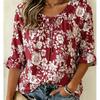 Wine Red White Floral Print Tie V Neck Blouse, Ruffled 3/4 Sleeve Loose Lightweight Shirt, Women Casual Daily Vacation Boho Top