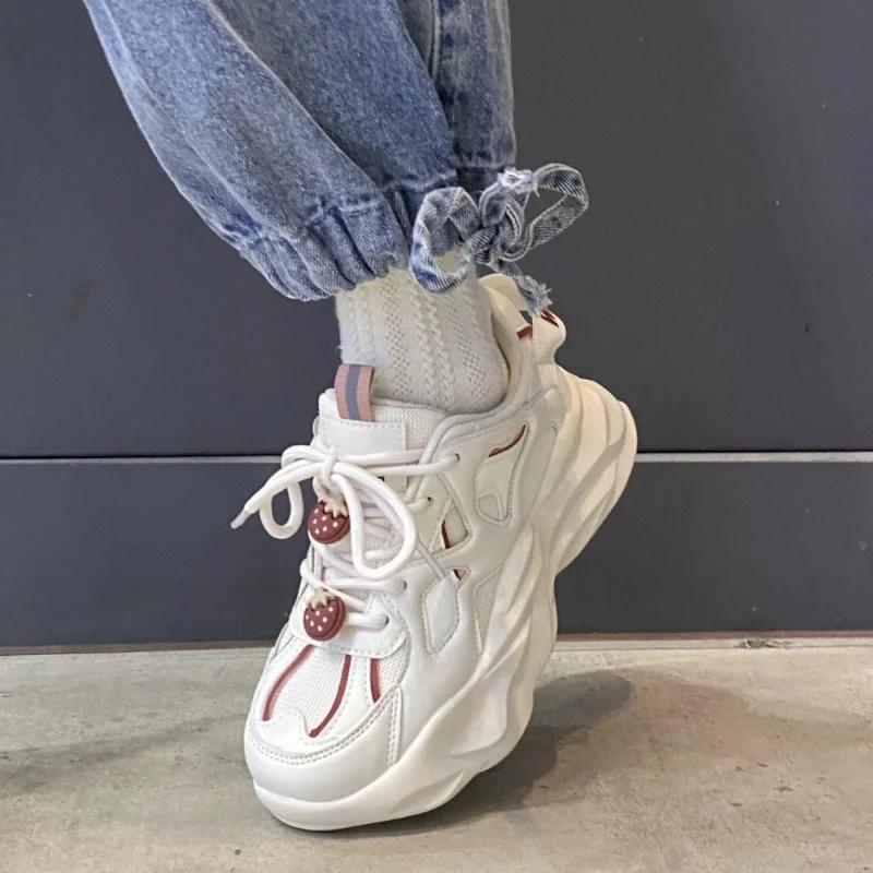Fashion Kawaii Strawberry Vulcanized Shoes for Women 2025New Platform Korean Fashion Thick Sole Sneakers Zapatillas Mujer Lace Up Tennis