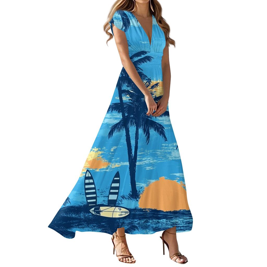 Women's Summer Casual Fashion Beach Printed Dresses V-Neck Short Sleeve Dresses