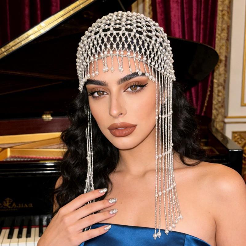Fashion Party Pearl Net Hat Hand-woven Beaded Tassel Hair Chain Ins Style Niche Red Accessories