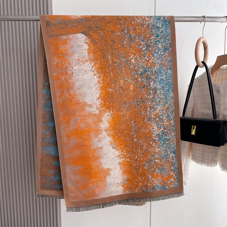 2024 Sonbahar/Kış Yeni Kalınlaştırılmış Sıcak Çift Taraflı İki Ton Püskül Taklit Kaşmir Eşarp, Yüksek Dereceli Şal Boyun