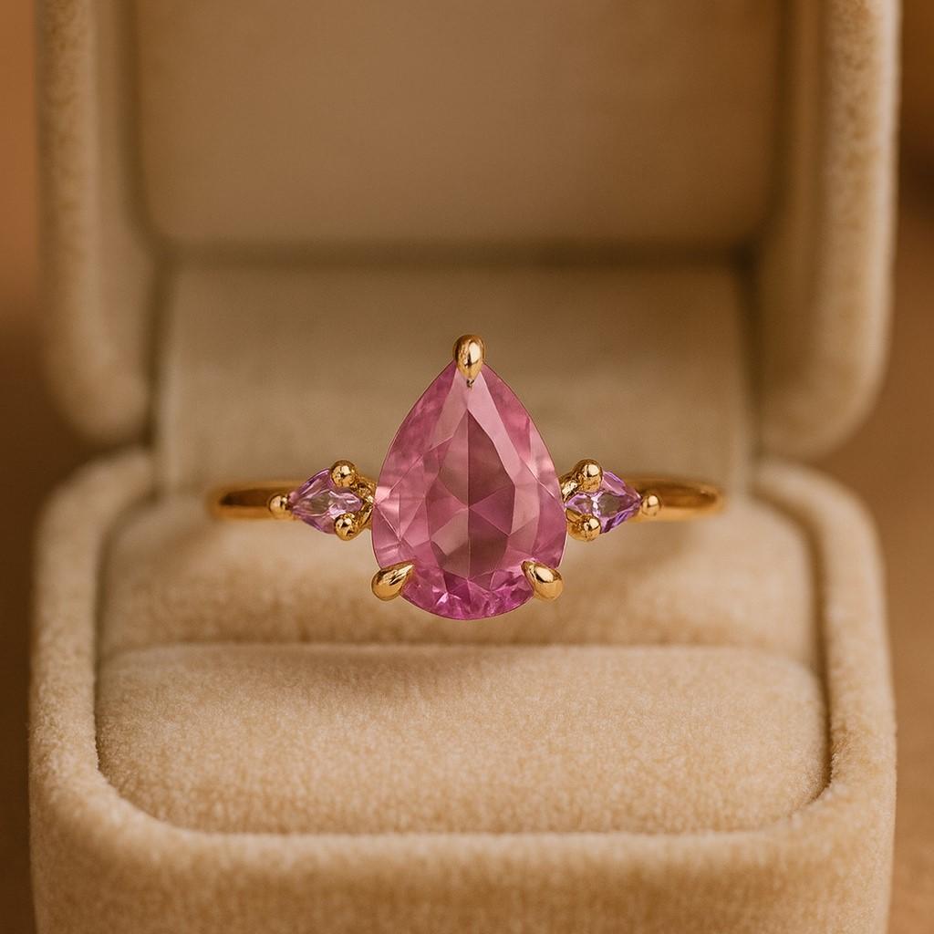 Pink Pear & Kite Cut Sapphire Ring – Yellow Gold Plated Wedding, Engagement, Anniversary, Promise Gift for Women | Birthstone Jewellery