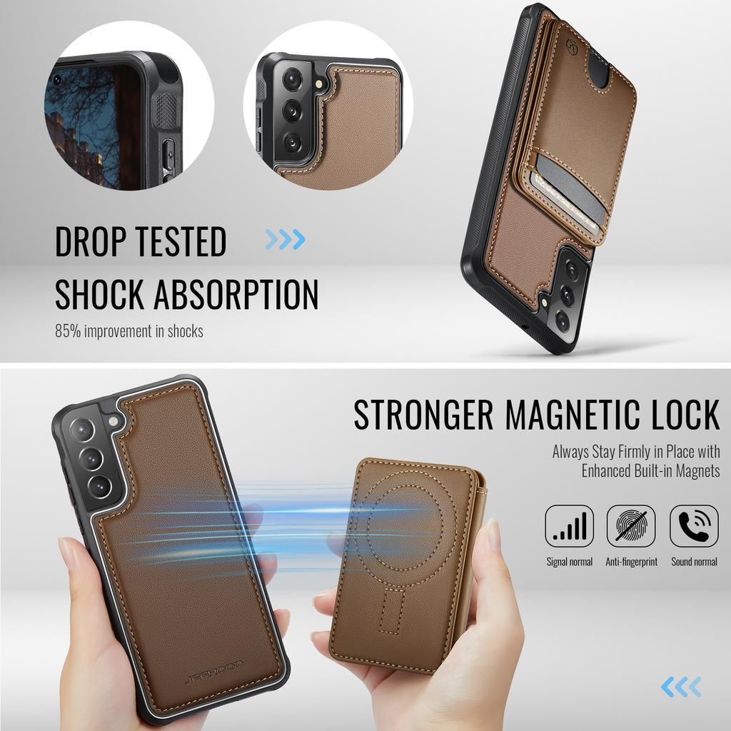 For Samsung Galaxy S22 5G Magnetic Case JEEHOOD J10 Leather Back Phone Cover with Detachable Card Holder Kickstand