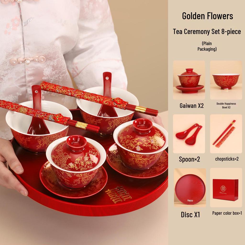 Double Happiness Newlywed Tea Set: Red Bowls, Chopsticks, and Spoons