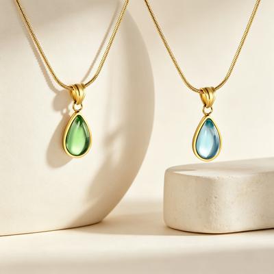Jewelry Light Luxury Transparent Green Water Drop Pendant Necklace Creative Design Sense Round Snake Chain Stainless Steel Gold-plated Collarbone