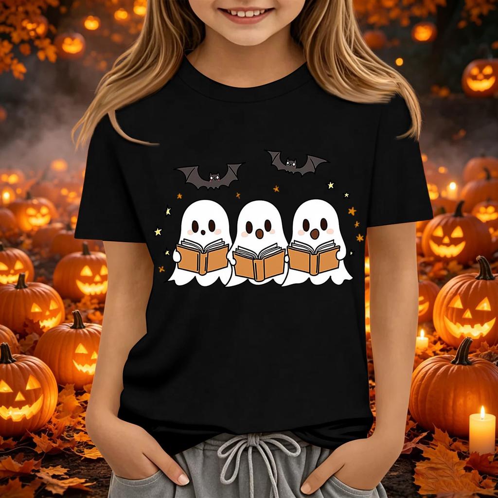 Kids Halloween Printed Neck Short Sleeve T-Shirt Loose Fit Casual Top