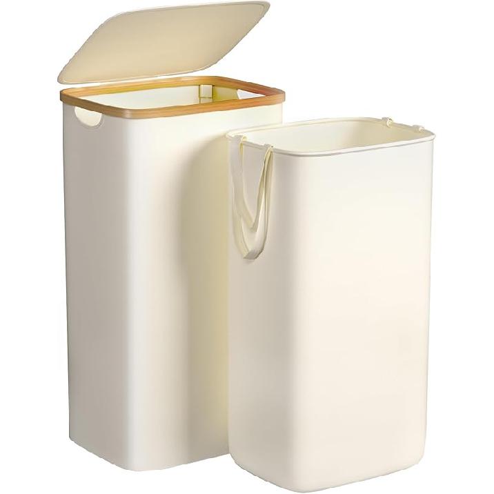 Large Laundry Hamper, 100L Waterproof Laundry Basket with Lid and Removable Bag, Collapsible Tall Clothes Hamper with Bamboo Handles for Clothes Toys