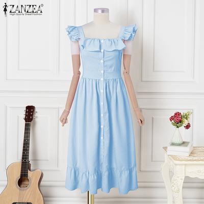 Women Summer Square Neck Puff Sleeve Casual Stripe Long Dress Bohemian