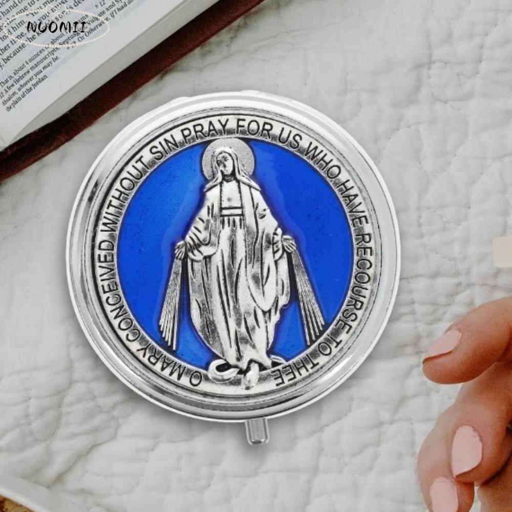 Retro Religiöse Schmuckschatulle Zinklegierung Elegante Heiliger Benedikt Schmuckschatulle Runde Jungfrau Maria Geschenkbox Katholisches Geschenk