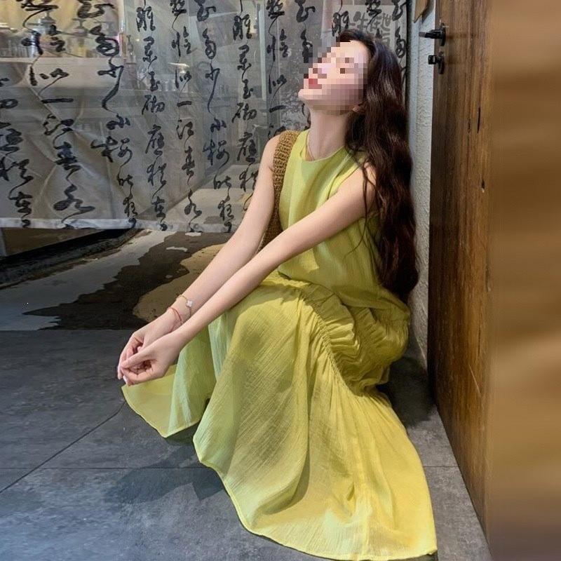 French Coastal Green Maxi Dress With Sleeveless Design For Summer Casual Wear