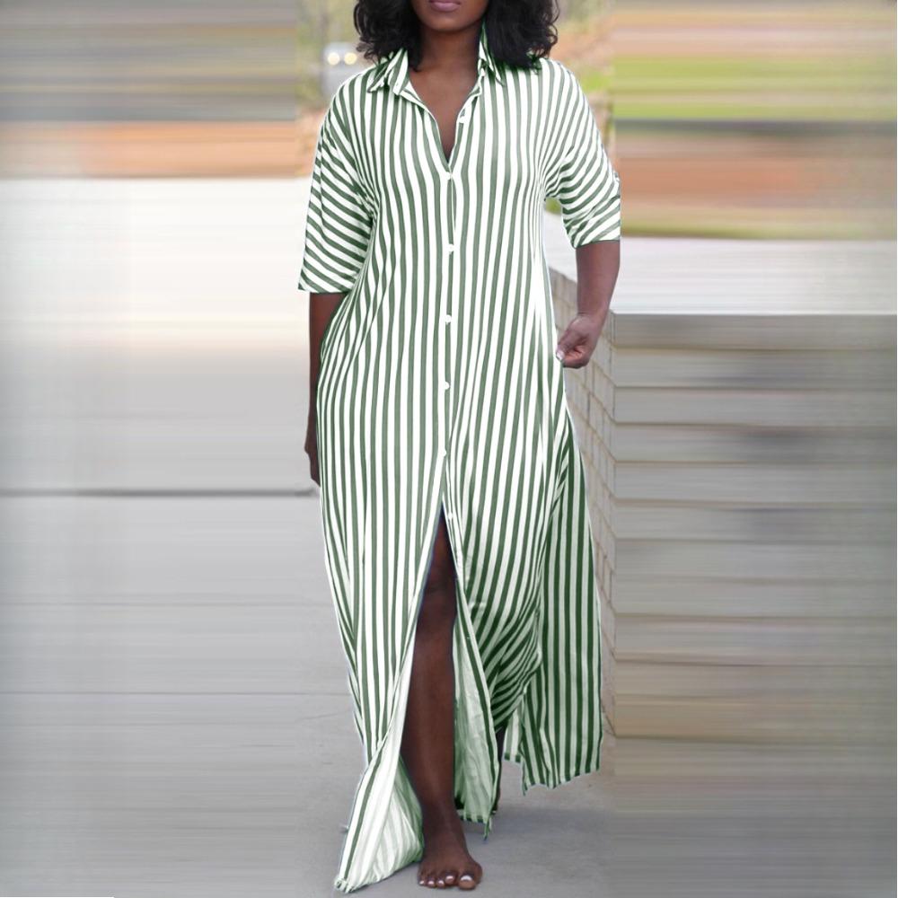 

Женские летние модные свободные платья-рубашки с воротником-поло в длинную полоску XXL зелёный