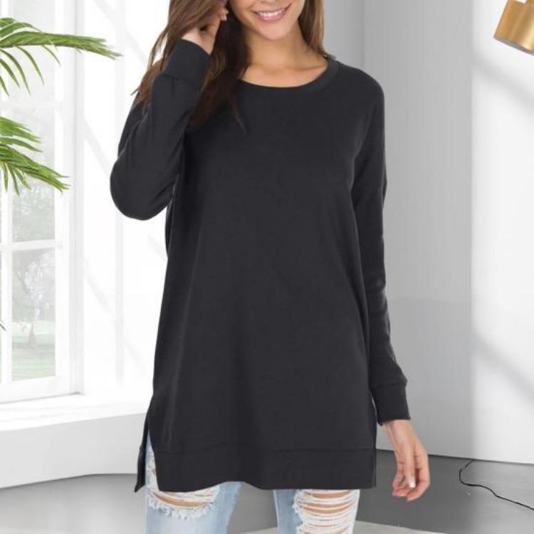 Long Sleeve Round Neck Pullover Tops for Women with Side Split Hem