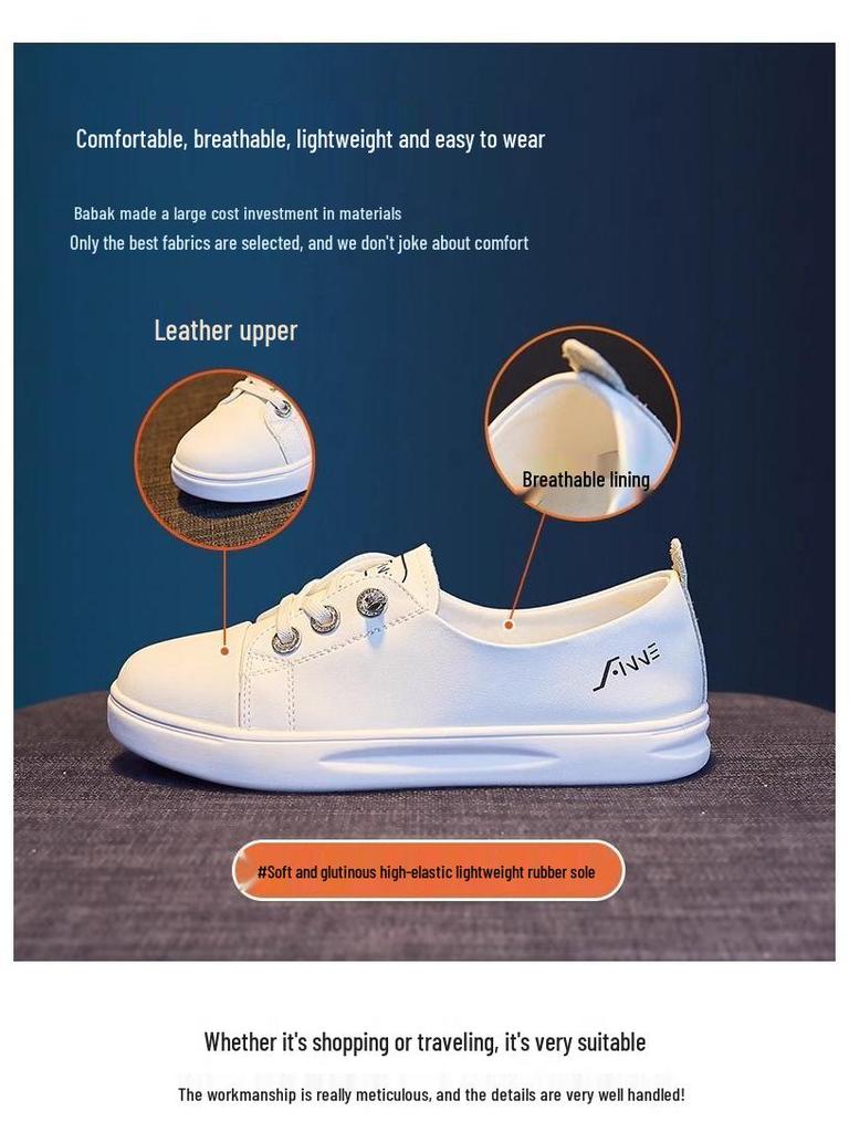 Women's Genuine Leather Slip-On White Sneakers: Low-Cut, Versatile, Trendy Summer Style.