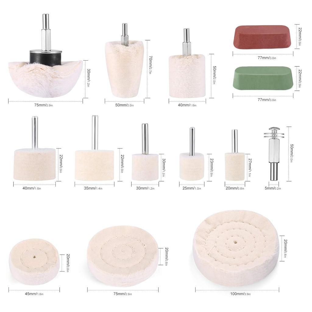Car Polishing Pads for Drill, 14 PCS Buffing Pad Polishing Wheel Mop Kits with 2 PCS Rouge Compound, Cone/Column/Mushroom/T-Shaped Wheel Grinding Hea