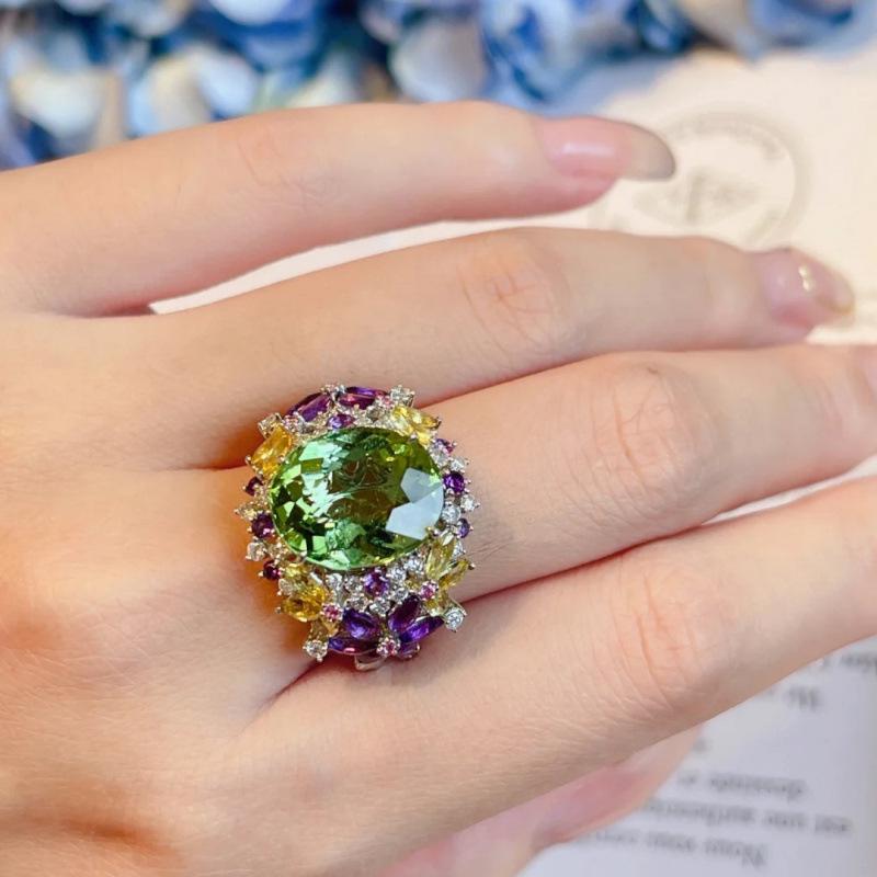 Net Celebrity Fresh Mint Green Gemstone Adjustable Ring - 18K Gold Plated, Romantic Small Niche Design