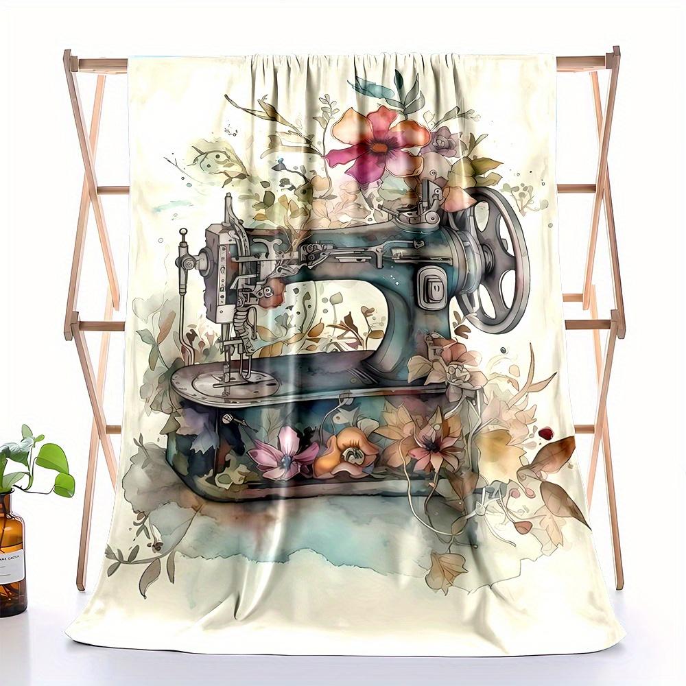Vintage Floral Sewing Machine Print Flannel Throw Blanket – Contemporary All-Season Reversible, Soft Non-Woven Polyester, Digita
