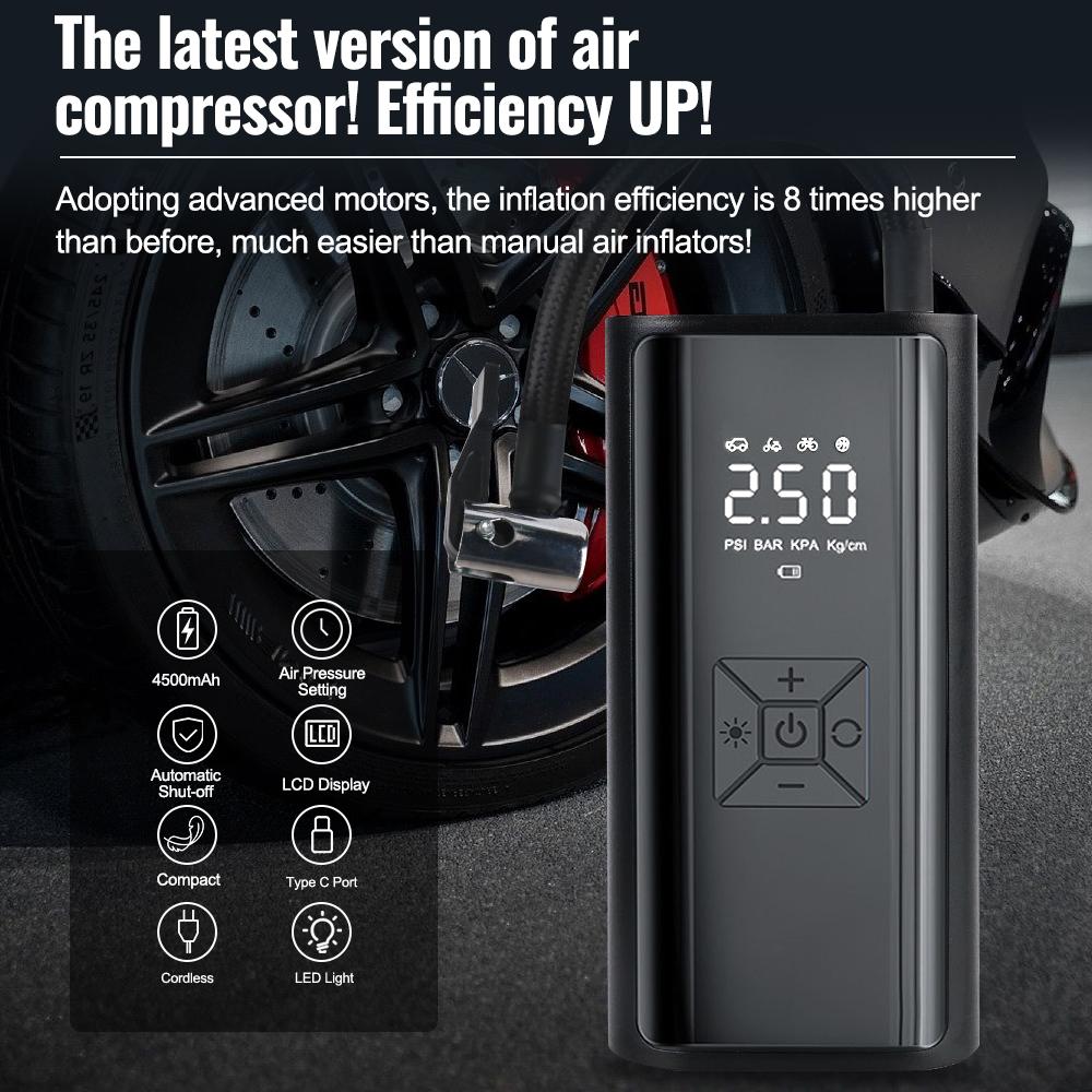 Wireless Digital Tire Inflator With LED Light Portable Tire Pressure Gauge Air Pump Air Compressor 150PSI 120W LCD Display