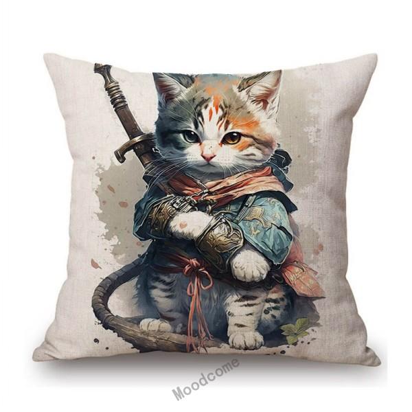 Funny Cute Cat Samurai Catoon Home Decorative Sofa Throw Pillow Case Cotton Linen Car Chair Cushion Cover