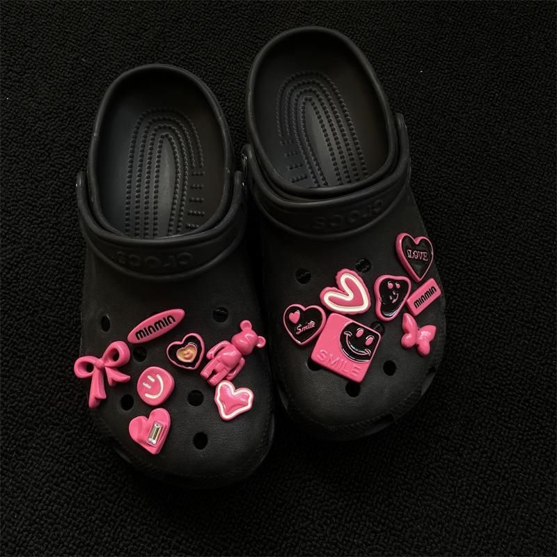 Croc Accessories: DIY Barbie Pink Y2K Emo Shoe Charms with Dark Butterfly Heart Design