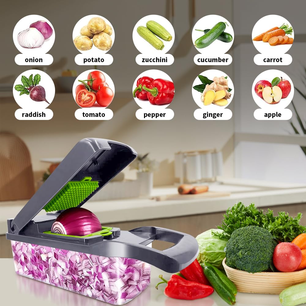 16 in 1 Vegetable Chopper with Container, Food Processor, Dicer, Slicer, Multifunctional Kitchen Gadget, Gray, Plastic/Stainless Steel