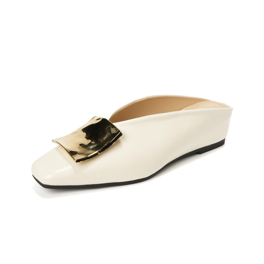 Fashion Slippers Women's Sandals Metal Square Buckle Premium Square Head Half Slippers Women's Retro Flat Bottom Bag Head Cool Slippers