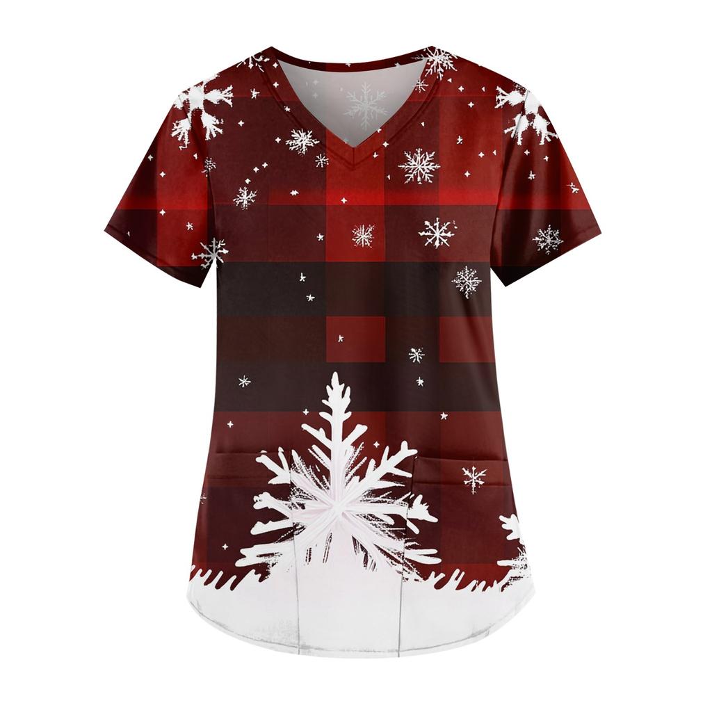 Women's Fashion V-neck Short Sleeve Workwear With Pockets Printed Tops